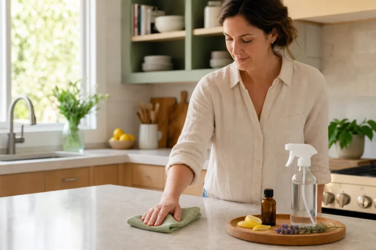 Adult wiping a kitchen counter beside a plain spray bottle, capped essential oil, lemon peel, and herbs.