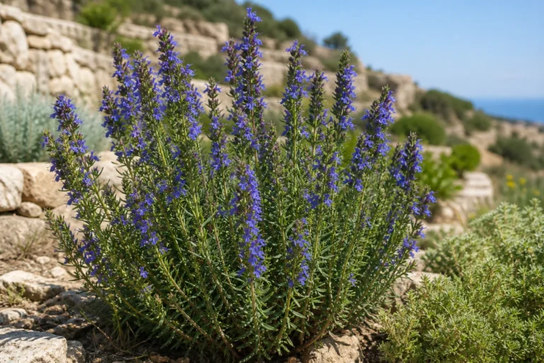 True hyssop on a rocky Mediterranean terrace with narrow green leaves and upright stems densely set with small blue-violet flowers.