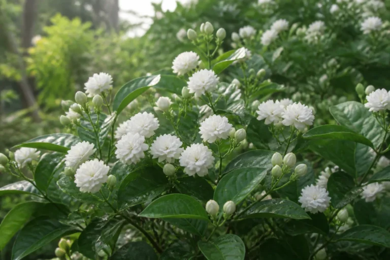 Arabian jasmine shrub with simple glossy leaves, rounded white buds, and many small creamy-white flowers formed from layered rounded petals.