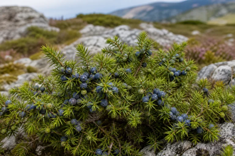 Common juniper on a rocky mountain heath with sharp needle whorls, green young cones, and ripe blue-black berry cones with a powdery bloom.