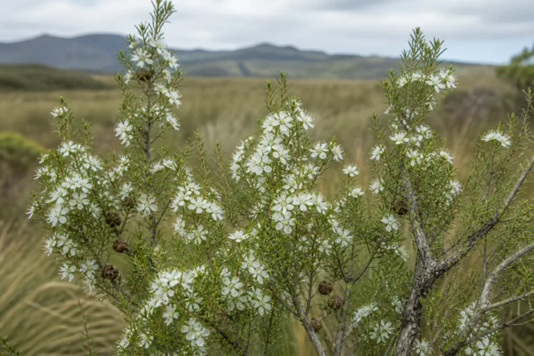 Kānuka in New Zealand scrubland with rough bark, fine branchlets of tiny narrow leaves, clustered white five-petaled flowers, and woody capsules.