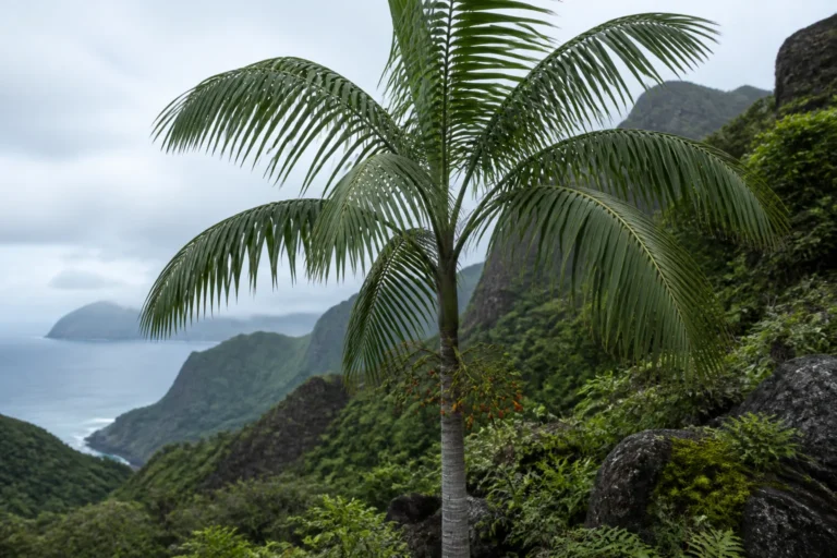 Kentia palm with a slender ringed trunk, arching pinnate fronds, and a small fruit stalk on a lush volcanic hillside above the sea.