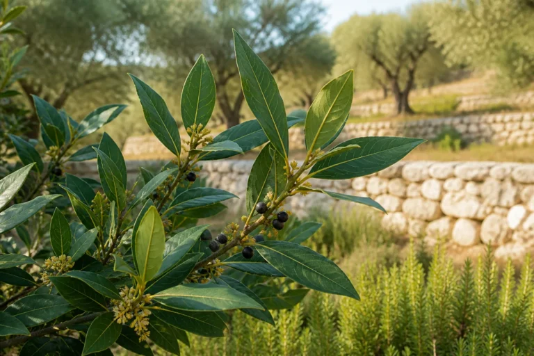 Bay laurel in a Mediterranean grove with leathery pointed leaves, pale yellow-green flower clusters, and several oval glossy black drupes.