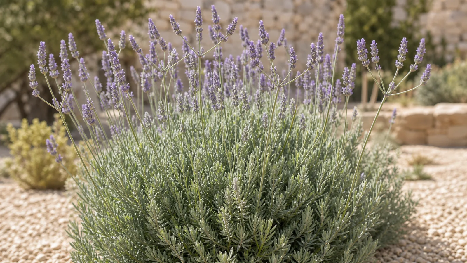 Mature lavandin plant with silvery foliage and long branched stems of lilac-purple flowers.