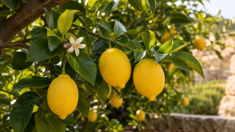 Ripe yellow lemons growing among glossy green leaves beside a white citrus blossom.