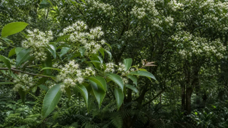 Flowering lemon myrtle branch with opposite pointed green leaves and clusters of small white, stamen-rich flowers.