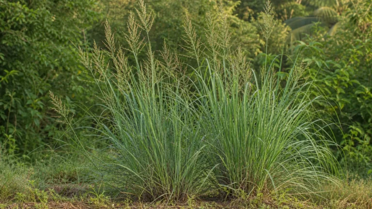 Mature East Indian lemongrass growing in dense clumps with long narrow leaves and airy tan flower panicles.