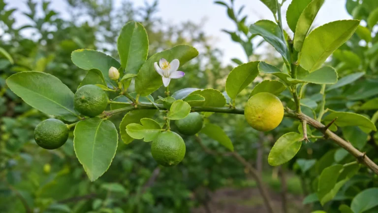 Small green and yellow-green Key limes growing among glossy leaves, a white flower, and a thorny branch.