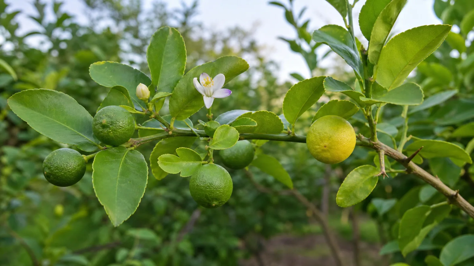Small green and yellow-green Key limes growing among glossy leaves, a white flower, and a thorny branch.