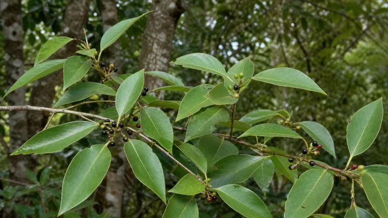 May Chang branch with pointed green leaves and clusters of tiny green, red, and black fruits.
