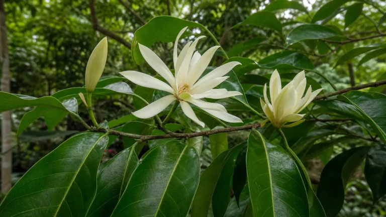 White champaca branch with glossy elongated leaves, an ivory flower with narrow tepals, a half-open bloom, and a bud.