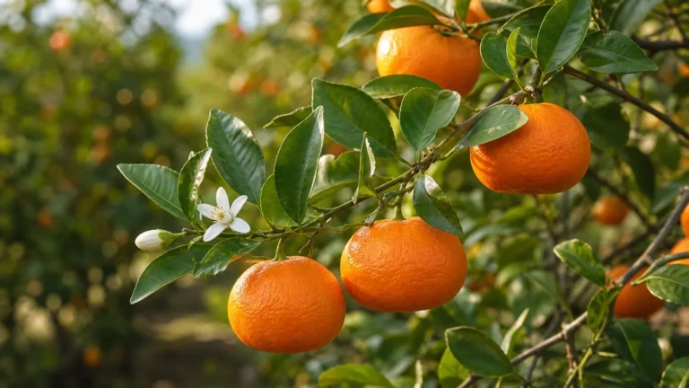 Ripe slightly flattened mandarins growing among glossy green leaves beside a white citrus flower and bud.