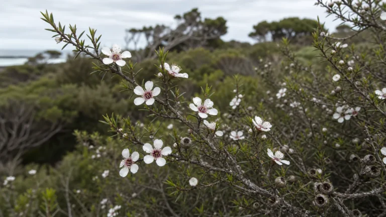 Mānuka shrub with tiny pointed leaves, solitary white flowers, and persistent woody seed capsules.