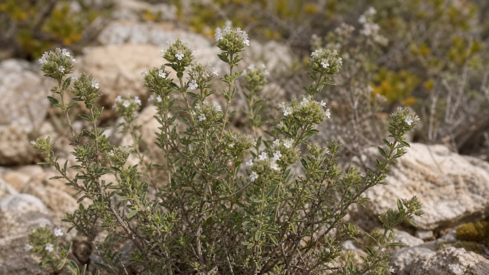 Spanish marjoram shrub with small narrow leaves and rounded terminal heads of tiny white flowers.