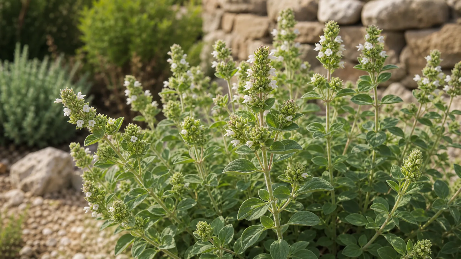 Sweet marjoram plant with softly hairy oval leaves and compact green flowering spikes bearing tiny white flowers.