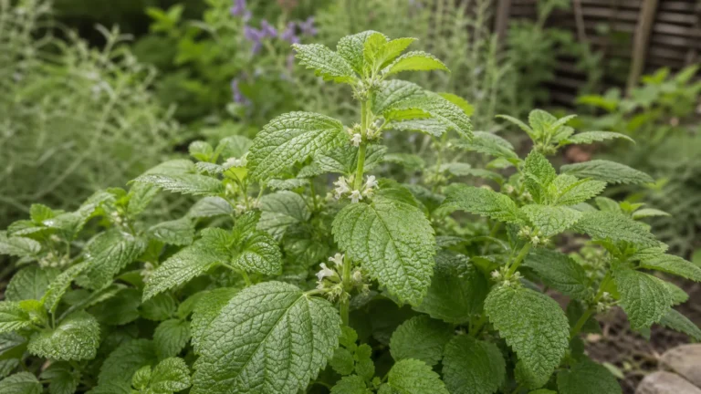Lemon balm plant with broad wrinkled scallop-edged leaves and small cream-white flowers at the leaf axils.