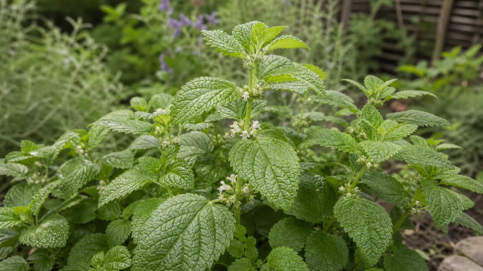 Lemon balm plant with broad wrinkled scallop-edged leaves and small cream-white flowers at the leaf axils.