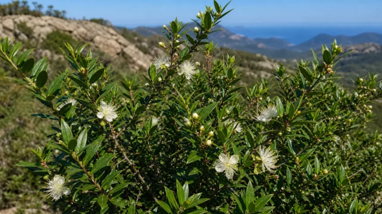 Common myrtle shrub in Corsican scrub with dense glossy green leaves and solitary white flowers.
