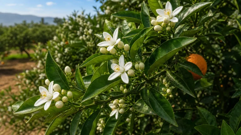 Bitter orange branch with glossy leaves, clusters of white blossoms and buds, and one orange fruit in the background.