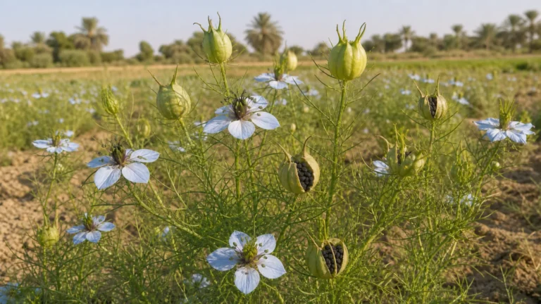 Black cumin plants with finely divided leaves, pale blue flowers, inflated green capsules, and small rough black seeds.