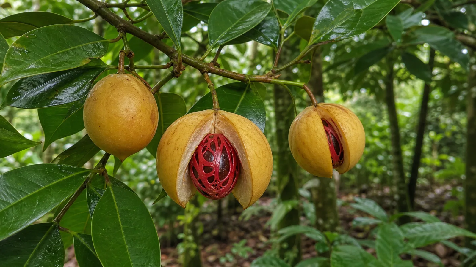 Nutmeg tree branch with glossy leaves and ripe yellow fruits split to reveal a dark seed wrapped in a red lacy aril.