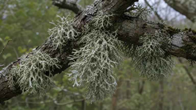 Bushy grey-green oakmoss lichen with flattened branching lobes growing on an old oak branch.