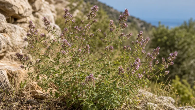 Wild oregano plant with opposite green leaves and upright spikes of tiny rose-purple flowers on a rocky hillside.