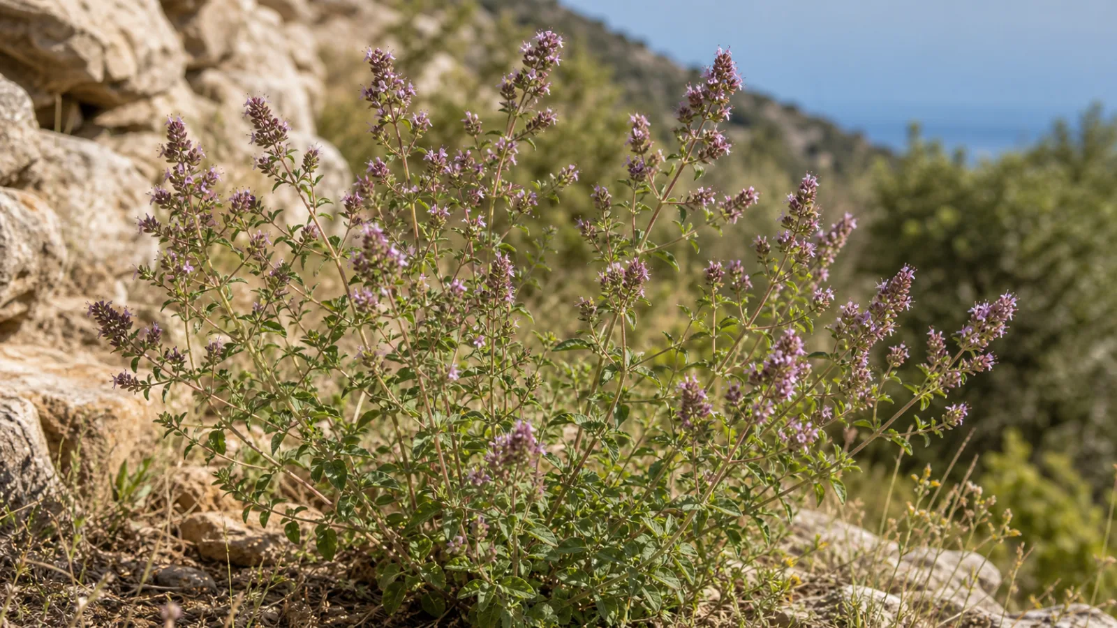 Wild oregano plant with opposite green leaves and upright spikes of tiny rose-purple flowers on a rocky hillside.