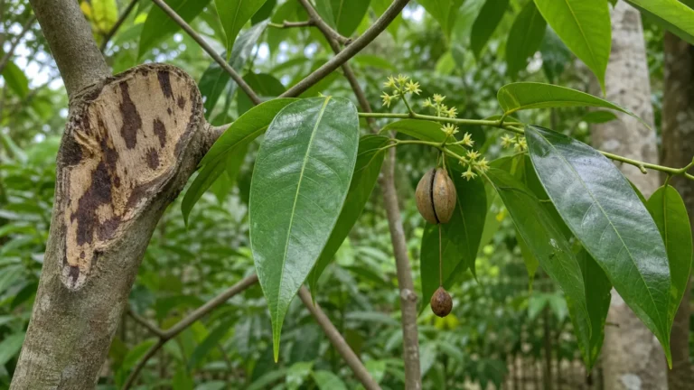 Agarwood tree with glossy pointed leaves, tiny pale flowers, a split capsule with a hanging seed, and dark resinous streaks inside a pruned branch.