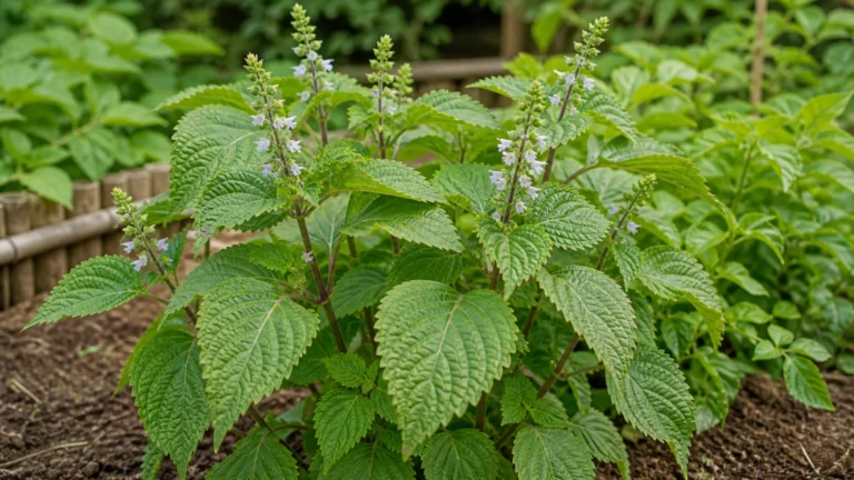 Perilla plant with large wrinkled serrated leaves, purple-tinged square stems, and upright spikes of tiny pale flowers.