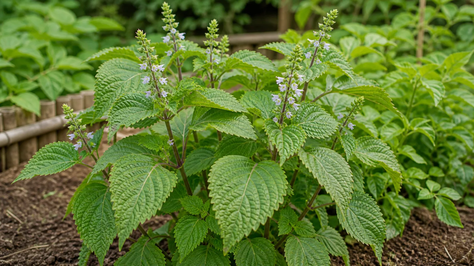 Perilla plant with large wrinkled serrated leaves, purple-tinged square stems, and upright spikes of tiny pale flowers.