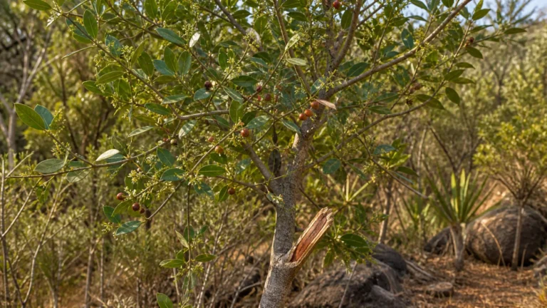 Living New Caledonian sandalwood tree with elliptic green leaves, small flowers, ripening red-purple drupes, and a naturally broken branch exposing heartwood.