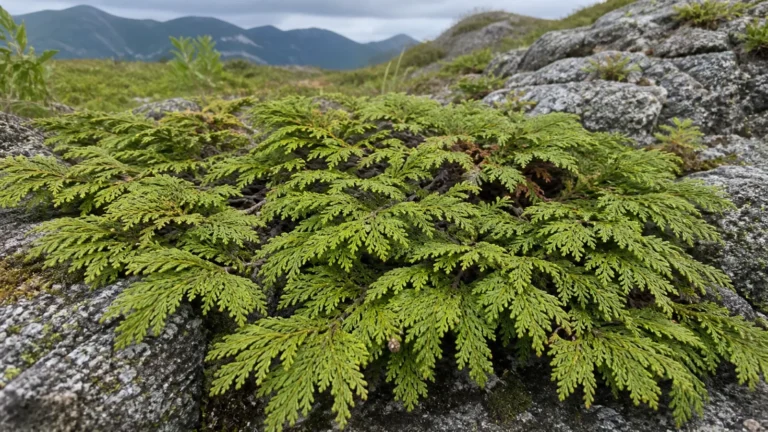 Low spreading Siberian cypress with flattened sprays of overlapping green scale leaves growing across a rocky mountain slope.