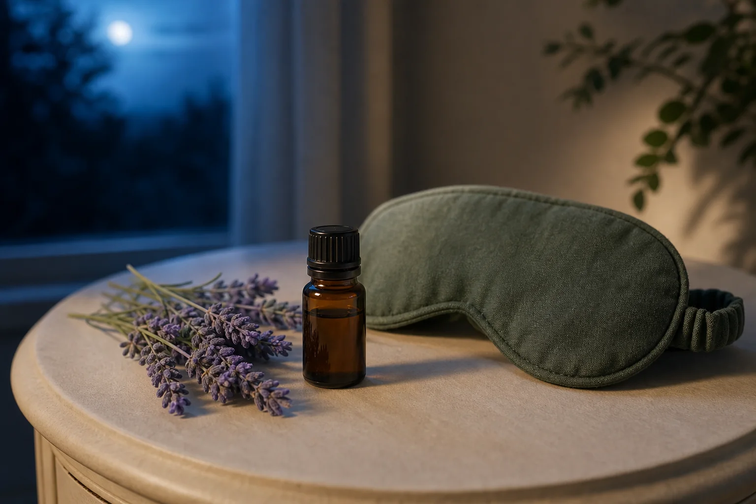 Amber essential oil bottle with lavender and a sage sleep mask in soft nighttime light.