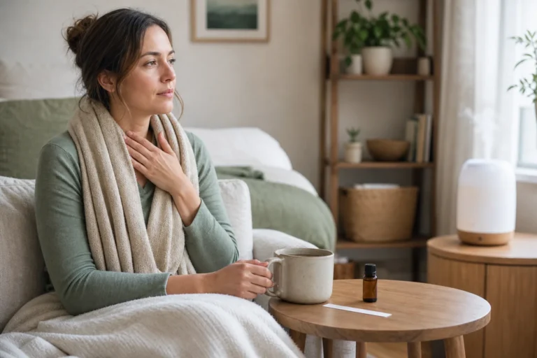 Adult resting with a warm drink beside a capped essential oil bottle, aroma strip, and cool-mist humidifier.