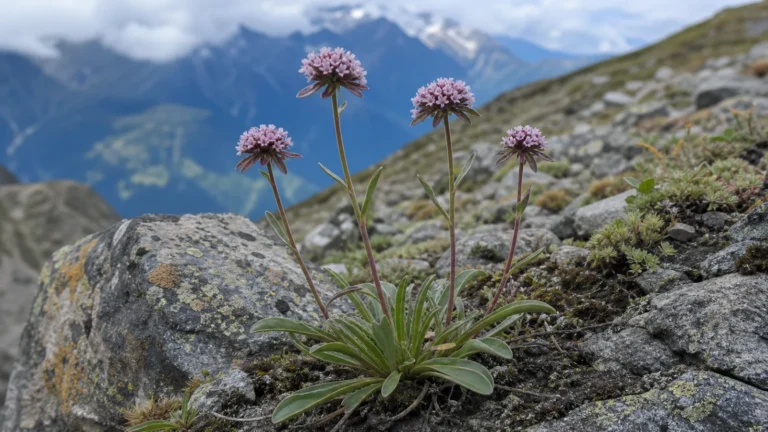 Spikenard growing among Himalayan rocks with a basal rosette of narrow leaves and slender stems topped by compact pink flower heads.
