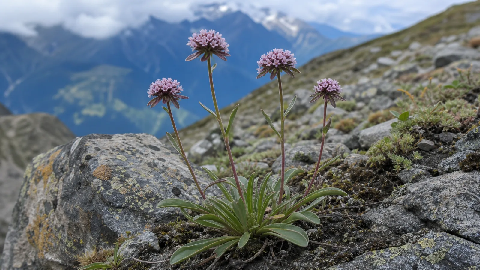 Spikenard growing among Himalayan rocks with a basal rosette of narrow leaves and slender stems topped by compact pink flower heads.