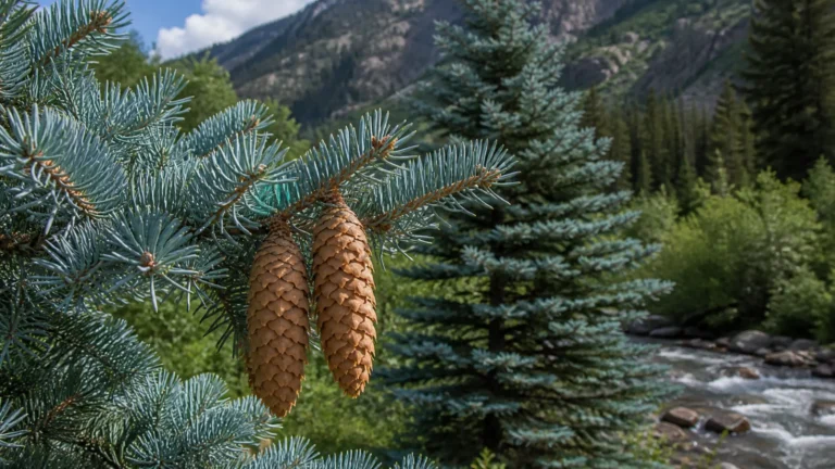 Blue spruce branch with stiff silvery-blue needles and two hanging buff cones beside a Rocky Mountain stream.