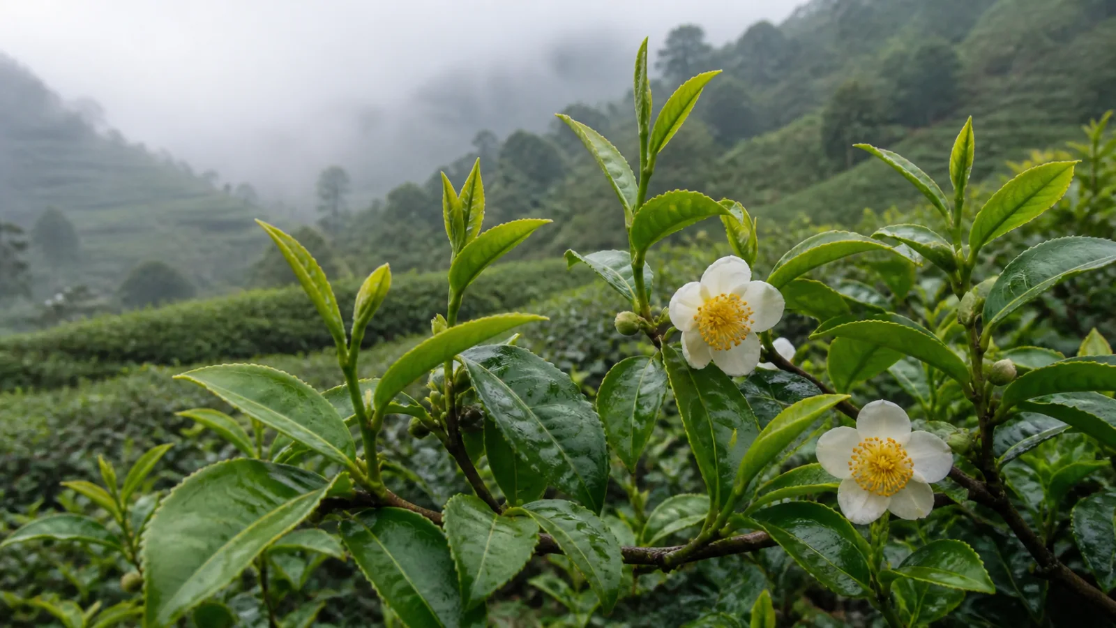 Tea plant branch with glossy serrated leaves, tender young shoots, and white flowers with golden stamens on a misty tea hillside.