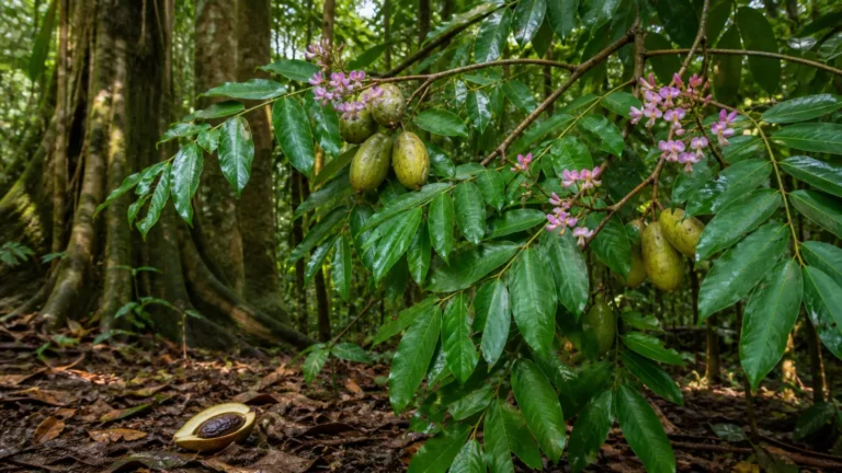 Tonka bean tree branch with glossy compound leaves, small pink flowers, fleshy oval fruits, and one fallen fruit exposing its dark seed.