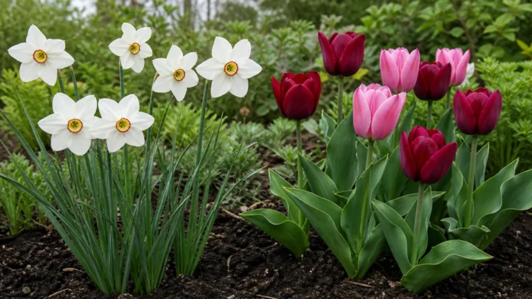 White poet's narcissus flowers with shallow red-rimmed centers growing beside separate pink and wine-red garden tulips.