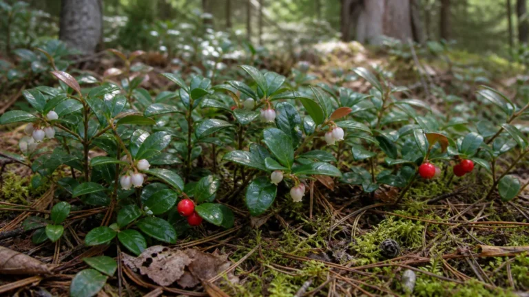 Low American wintergreen groundcover with glossy evergreen leaves, nodding white urn-shaped flowers, and a few round red fruits on a forest floor.