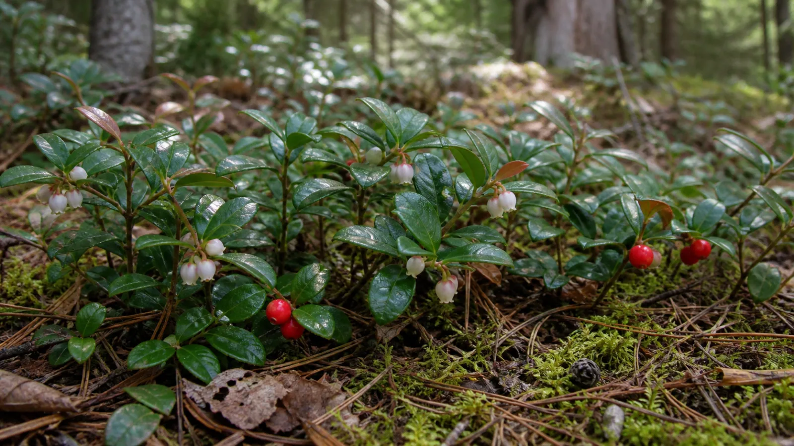 Low American wintergreen groundcover with glossy evergreen leaves, nodding white urn-shaped flowers, and a few round red fruits on a forest floor.