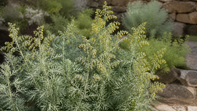Common wormwood with deeply divided silver-gray leaves and many tiny nodding yellow flower heads in a sunny herb garden.