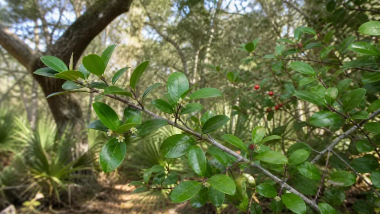 Yaupon holly branch with small glossy oval leaves, pale young twigs, tiny white flowers, and a few red fruits in a coastal woodland.
