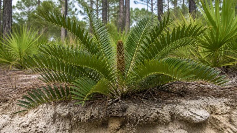 Low coontie cycad with stiff arching pinnate fronds and one upright cone growing in a sandy Florida pine rockland.