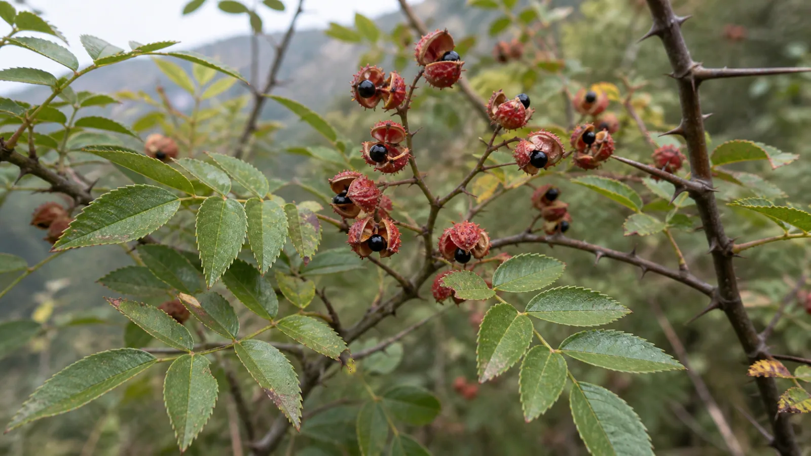 Prickly Sichuan pepper branch with pinnate serrated leaves and red split fruit hulls exposing glossy black seeds.