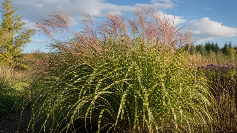 Mature zebra grass clump with arching green leaves crossed by horizontal golden bands and tall pink-copper flower plumes in a sunny meadow garden.