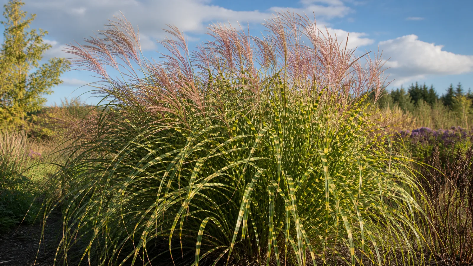 Mature zebra grass clump with arching green leaves crossed by horizontal golden bands and tall pink-copper flower plumes in a sunny meadow garden.