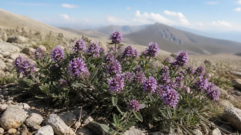 Low Ziziphora subshrub with small hairy leaves and dense purple-pink flower heads growing on a rocky Central Asian slope.